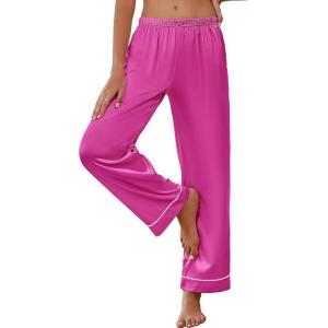imageEkouaer Womens Silk Satin Pajama Pants Soft Loose Lounge Pants Lightweight Elastic Waist Wide Leg Pj Bottoms with PocketsRose