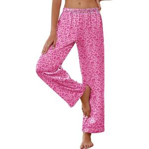 imageEkouaer Womens Silk Satin Pajama Pants Soft Loose Lounge Pants Lightweight Elastic Waist Wide Leg Pj Bottoms with PocketsRose Leopard