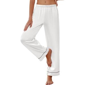 imageEkouaer Womens Silk Satin Pajama Pants Soft Loose Lounge Pants Lightweight Elastic Waist Wide Leg Pj Bottoms with PocketsWhite
