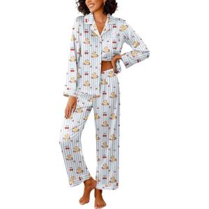imageEkouaer Womens Silk Satin Pajama Sets 2 Piece Sleepwear Pjs Set Long Sleeve Button Down Top and Pants Stripe Loungewear SXXLBlue Striped Teddy