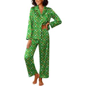 imageEkouaer Womens Silk Satin Pajama Sets 2 Piece Sleepwear Pjs Set Long Sleeve Button Down Top and Pants Stripe Loungewear SXXLChristmas Green