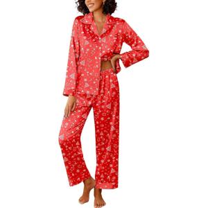 imageEkouaer Womens Silk Satin Pajama Sets 2 Piece Sleepwear Pjs Set Long Sleeve Button Down Top and Pants Stripe Loungewear SXXLChristmas Red