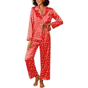 imageEkouaer Womens Silk Satin Pajama Sets 2 Piece Sleepwear Pjs Set Long Sleeve Button Down Top and Pants Stripe Loungewear SXXLChristmas Teddy