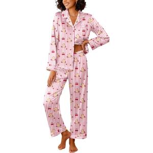 imageEkouaer Womens Silk Satin Pajama Sets 2 Piece Sleepwear Pjs Set Long Sleeve Button Down Top and Pants Stripe Loungewear SXXLPink Striped Teddy