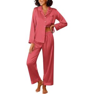 imageEkouaer Womens Silk Satin Pajama Sets 2 Piece Sleepwear Pjs Set Long Sleeve Button Down Top and Pants Stripe Loungewear SXXLRed Stripe