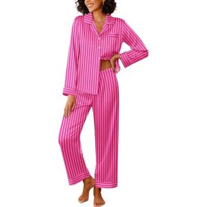 imageEkouaer Womens Silk Satin Pajama Sets 2 Piece Sleepwear Pjs Set Long Sleeve Button Down Top and Pants Stripe Loungewear SXXLRose Red Stripe