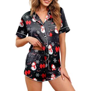 imageEkouaer Womens Silk Satin Pajamas Set Short Sleeve Sleepwear Button Down Loungewear 2 Piece Pjs Shorts Set S5X Plus SizeBlack Christmas Print