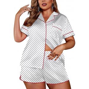 imageEkouaer Womens Silk Satin Pajamas Set Short Sleeve Sleepwear Button Down Loungewear 2 Piece Pjs Shorts Set S5X Plus SizeBlack and White Polka Dots