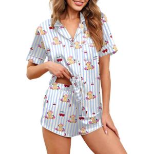 imageEkouaer Womens Silk Satin Pajamas Set Short Sleeve Sleepwear Button Down Loungewear 2 Piece Pjs Shorts Set S5X Plus SizeBlue Striped Teddy Bear