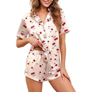 imageEkouaer Womens Silk Satin Pajamas Set Short Sleeve Sleepwear Button Down Loungewear 2 Piece Pjs Shorts Set S5X Plus SizeCherry Teddy Bear