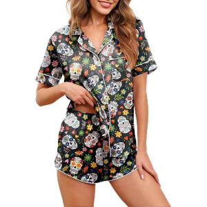 imageEkouaer Womens Silk Satin Pajamas Set Short Sleeve Sleepwear Button Down Loungewear 2 Piece Pjs Shorts Set S5X Plus SizeColourful Halloween Skulls