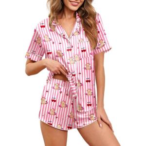 imageEkouaer Womens Silk Satin Pajamas Set Short Sleeve Sleepwear Button Down Loungewear 2 Piece Pjs Shorts Set S5X Plus SizePink Striped Teddy Bear