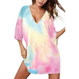 imageEkouaer Womens Sleepshirt Deep V Neck Nightgown Batwing Nightshirt Oversized SleepwearBlue Pink Tie Dye