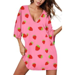 imageEkouaer Womens Sleepshirt Deep V Neck Nightgown Batwing Nightshirt Oversized SleepwearPink Strawberry