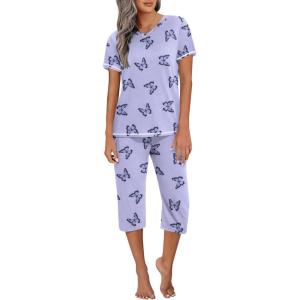 imageEkouaer Womens Sleepwear Capri Pajama Sets Short Sleeve TwoPiece Pjs V Neck Tops ampamp Capri Pants with Pockets S3XLBlue Butterflies