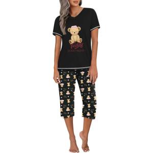 imageEkouaer Womens Sleepwear Capri Pajama Sets Short Sleeve TwoPiece Pjs V Neck Tops ampamp Capri Pants with Pockets S3XLGood Night Teddy Black