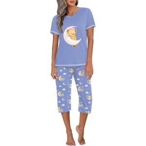 imageEkouaer Womens Sleepwear Capri Pajama Sets Short Sleeve TwoPiece Pjs V Neck Tops ampamp Capri Pants with Pockets S3XLGood Night Teddy Blue