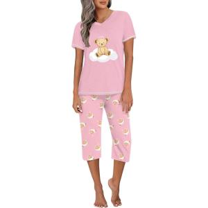imageEkouaer Womens Sleepwear Capri Pajama Sets Short Sleeve TwoPiece Pjs V Neck Tops ampamp Capri Pants with Pockets S3XLGood Night Teddy Pink