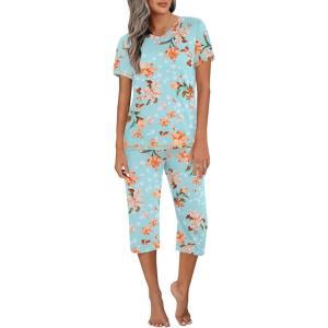 imageEkouaer Womens Sleepwear Capri Pajama Sets Short Sleeve TwoPiece Pjs V Neck Tops ampamp Capri Pants with Pockets S3XLGreen Little Flowers