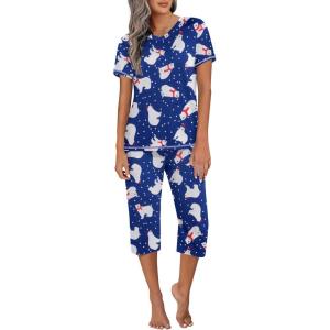 imageEkouaer Womens Sleepwear Capri Pajama Sets Short Sleeve TwoPiece Pjs V Neck Tops ampamp Capri Pants with Pockets S3XLZ Christmas Polar Bear