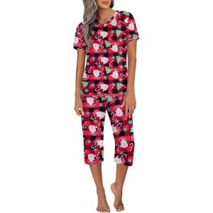 imageEkouaer Womens Sleepwear Capri Pajama Sets Short Sleeve TwoPiece Pjs V Neck Tops ampamp Capri Pants with Pockets S3XLZ Christmas Santa  Plaid
