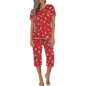 imageEkouaer Womens Sleepwear Capri Pajama Sets Short Sleeve TwoPiece Pjs V Neck Tops ampamp Capri Pants with Pockets S3XLZ Christmas Snowman Print