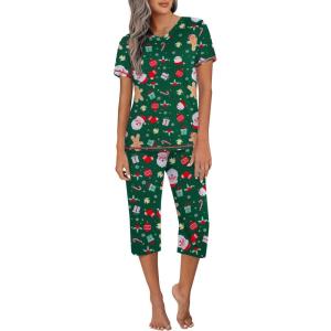 imageEkouaer Womens Sleepwear Capri Pajama Sets Short Sleeve TwoPiece Pjs V Neck Tops ampamp Capri Pants with Pockets S3XLZ Christmas Trees