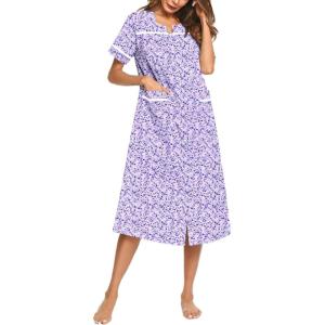 imageEkouaer Womens Snap Front Dusters Cotton Housecoat Short Sleeve Nightgown House Dress With PocketsPurple Dots