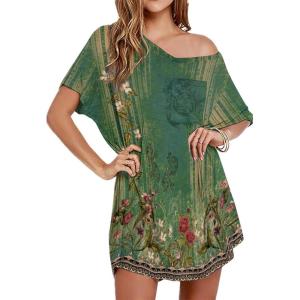 imageEkouaer Womens Tshirt Nightgown Cotton V Neck Sleepshirts Comfy Casual Nightshirt for WomenGreen Floral