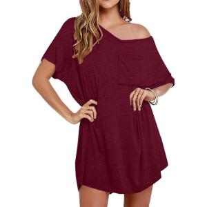imageEkouaer Womens Tshirt Nightgown Cotton V Neck Sleepshirts Comfy Casual Nightshirt for WomenWine Red