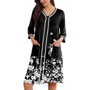 imageEkouaer Zipper Robes for Women 34 Sleeves Lightweight House Coat Zip Up Bathrobe Soft Nightgown with Pockets S3XLBlack White Floral