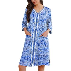 imageEkouaer Zipper Robes for Women 34 Sleeves Lightweight House Coat Zip Up Bathrobe Soft Nightgown with Pockets S3XLBlue Pattern