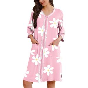 imageEkouaer Zipper Robes for Women 34 Sleeves Lightweight House Coat Zip Up Bathrobe Soft Nightgown with Pockets S3XLPink Floral