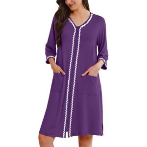 imageEkouaer Zipper Robes for Women 34 Sleeves Lightweight House Coat Zip Up Bathrobe Soft Nightgown with Pockets S3XLPurple