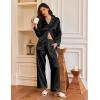 imageEkouaer Silk Satin Pajamas for Women Button Down Pjs Set Long Sleeve Loungewear 2 Piece Wide Leg SleepwearBlack