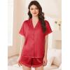 imageEkouaer Womens Satin Silk Pajamas Set 2 Piece Button Down Pjs Shorts Set Short Sleeve Sleepwear Lace Trim Loungewear SXXLRed
