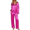 imageEkouaer Silk Satin Pajamas for Women Button Down Pjs Set Long Sleeve Loungewear 2 Piece Wide Leg SleepwearRose Red