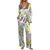 imageEkouaer Silk Satin Pajamas for Women Button Down Pjs Set Long Sleeve Loungewear 2 Piece Wide Leg SleepwearYellow Chrysanthemum