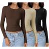 imageEkouaer Womens 3 Pack Long Sleeve Shirts Ruched Side Fitted Undershirts Round Neck Underscrubs Thermal Tops XSXXLBlackBrownKhaki