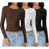 imageEkouaer Womens 3 Pack Long Sleeve Shirts Ruched Side Fitted Undershirts Round Neck Underscrubs Thermal Tops XSXXLBlackBrownWhite