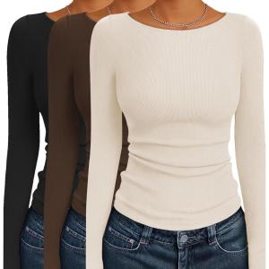 imageEkouaer 3 Pack Womens Long Sleeve Shirts Boat Neck Ribbed Thermal Undershirts Lightweight Basic Top XSXXLBlackBrownBeige