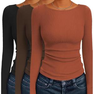 imageEkouaer 3 Pack Womens Long Sleeve Shirts Boat Neck Ribbed Thermal Undershirts Lightweight Basic Top XSXXLBlackCaramelBrown