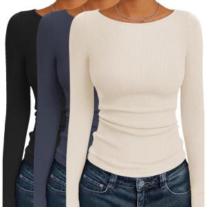 imageEkouaer 3 Pack Womens Long Sleeve Shirts Boat Neck Ribbed Thermal Undershirts Lightweight Basic Top XSXXLBlackGreyOffwhite