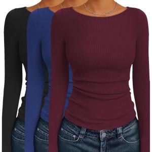 imageEkouaer 3 Pack Womens Long Sleeve Shirts Boat Neck Ribbed Thermal Undershirts Lightweight Basic Top XSXXLBlackNavyDark Red