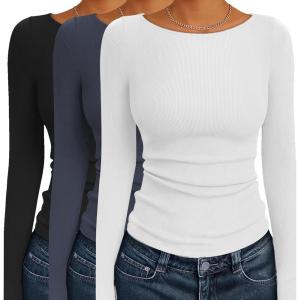 imageEkouaer 3 Pack Womens Long Sleeve Shirts Boat Neck Ribbed Thermal Undershirts Lightweight Basic Top XSXXLBlackWhiteGrey