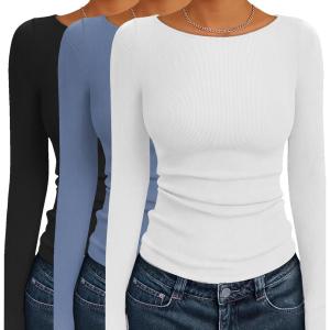 imageEkouaer 3 Pack Womens Long Sleeve Shirts Boat Neck Ribbed Thermal Undershirts Lightweight Basic Top XSXXLBlackWhiteHaze Blue