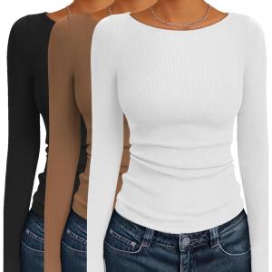 imageEkouaer 3 Pack Womens Long Sleeve Shirts Boat Neck Ribbed Thermal Undershirts Lightweight Basic Top XSXXLBlackWhiteLight Brown