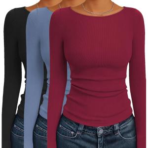 imageEkouaer 3 Pack Womens Long Sleeve Shirts Boat Neck Ribbed Thermal Undershirts Lightweight Basic Top XSXXLBlackWine RedBlue