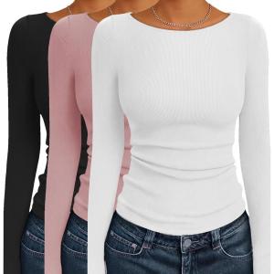 imageEkouaer 3 Pack Womens Long Sleeve Shirts Boat Neck Ribbed Thermal Undershirts Lightweight Basic Top XSXXLBlackWinePink