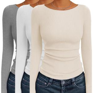 imageEkouaer 3 Pack Womens Long Sleeve Shirts Boat Neck Ribbed Thermal Undershirts Lightweight Basic Top XSXXLWhiteGreyBeige